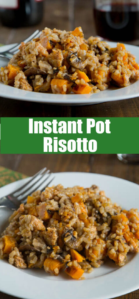instant pot risotto on a plate with squash and mushrooms