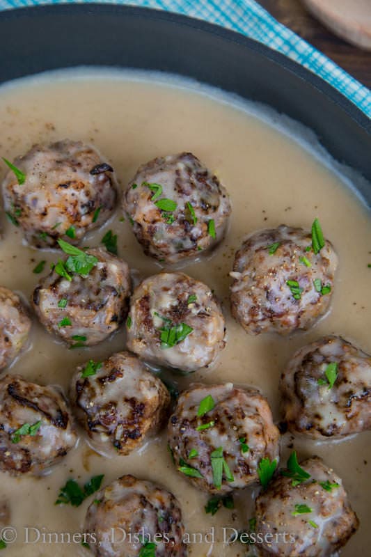 A pan of swedish meatballs and sauce