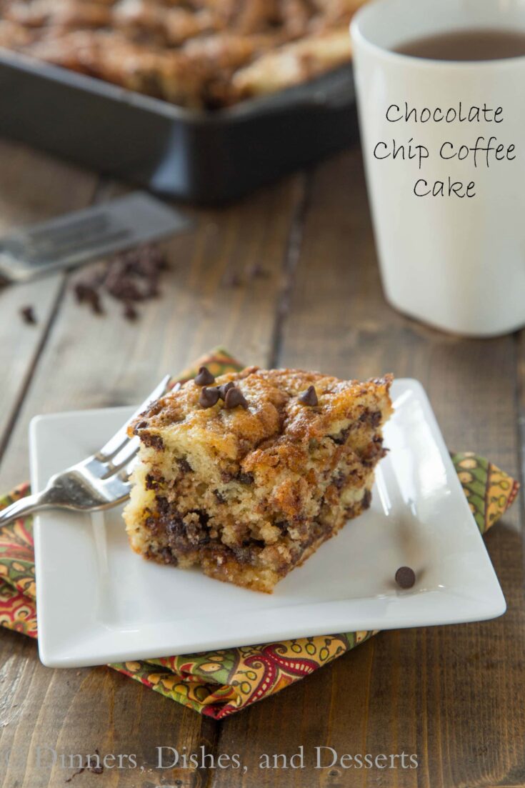 Chocolate Chip Coffee Cake - A light and fluffy coffee cake with a layer of chocolate chip streusel in the middle and on top!