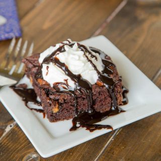 chocolate dump cake on a plate