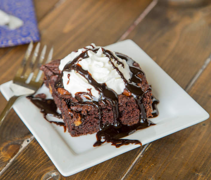 chocolate dump cake on a plate