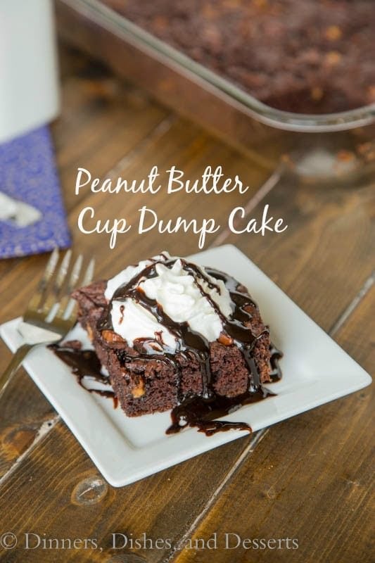 Peanut Butter Cup Dump Cake - Just 4 ingredients come together to make a rich, fudgy, chocolate-y cake studded with lots of peanut butter cups!