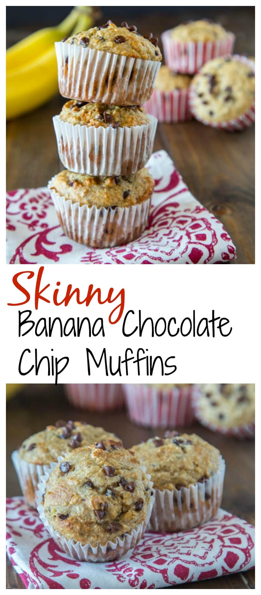 close up of skinny banana chocolate chip muffins on a napkin