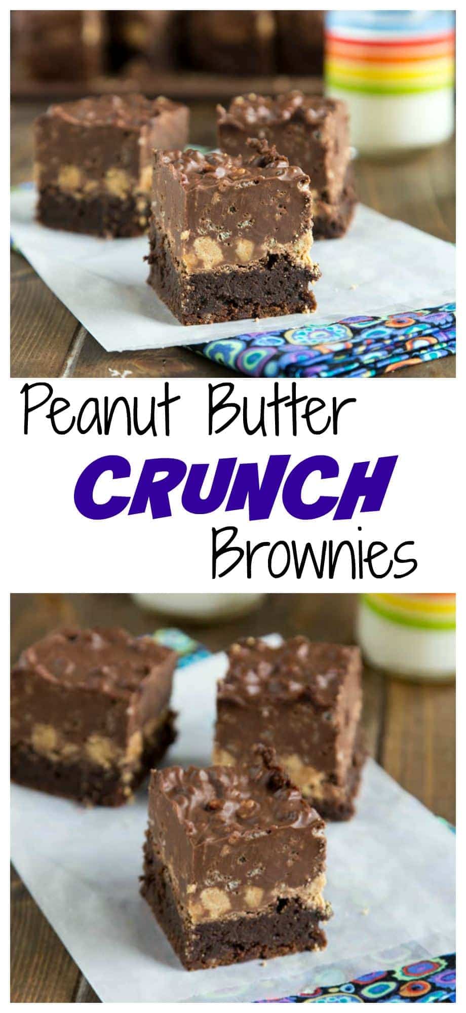 Peanut Butter Crunch Brownies - A fudgy brownie, topped with a layer of peanut butter cups, and then a layer of chocolate/peanut butter crispy fudge.  Pure chocolate and peanut butter heaven!