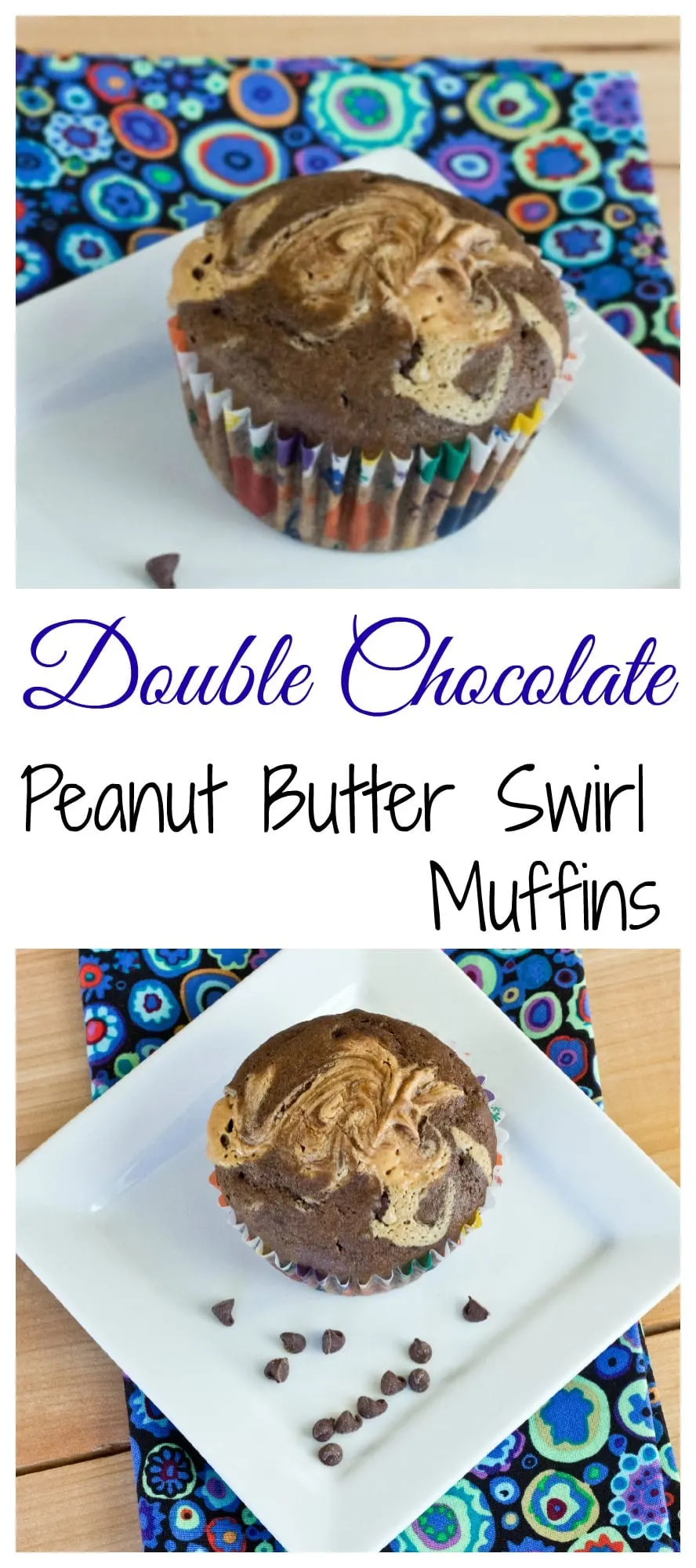 Soft and tender Double Chocolate Muffins, with a swirl of peanut butter on top!