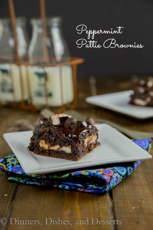 Peppermint Pattie Brownies - Rich and fudgy brownies with a layer of peppermint pattie candies, and topped with a gooey chocolate ganache. 