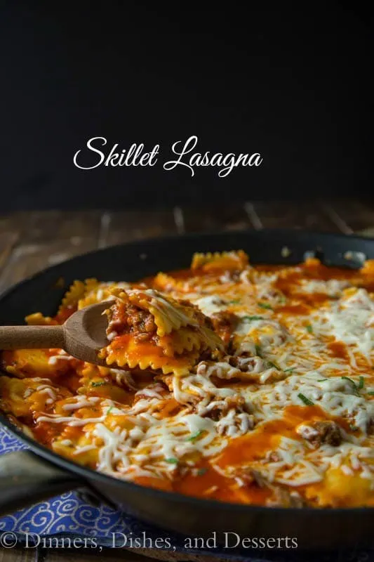 Quick and Easy Skillet Lasagna - Make lasagna perfect for a weeknight meal. Ravioli makes this ready in less than 30 minutes, and pure comfort food everyone will love.