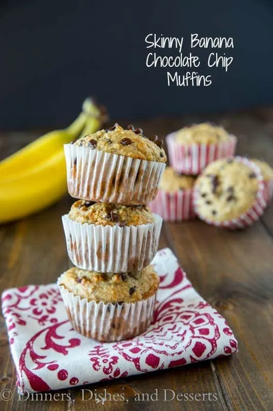 Skinny Banana Chocolate Chip Muffins - a lightened up (but you would never know it) banana muffin with chocolate chips. They freeze well, so you can always have them on hand for quick breakfasts.