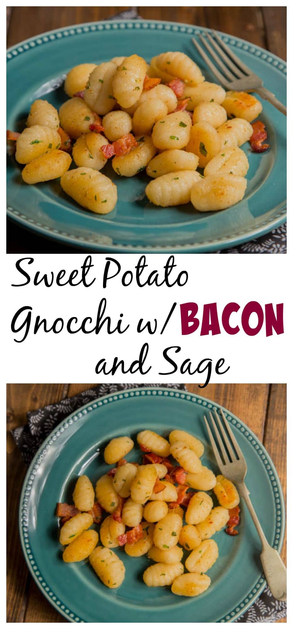 Sweet Potato Gnocchi with Bacon and Sage - Dinner is ready in just 20 minutes!  Crunchy smokey bacon, fresh sage, and Parmesan cheese with sweet potato gnocchi make a wonderful flavor combination.