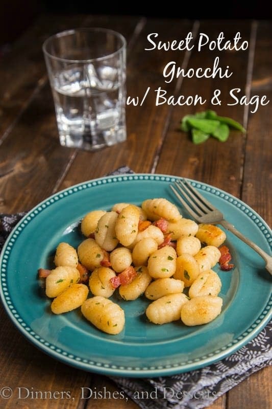 Sweet Potato Gnocchi with Bacon and Sage - Dinner is ready in just 20 minutes! Crunchy smokey bacon, fresh sage, and Parmesan cheese with sweet potato gnocchi make a wonderful flavor combination.