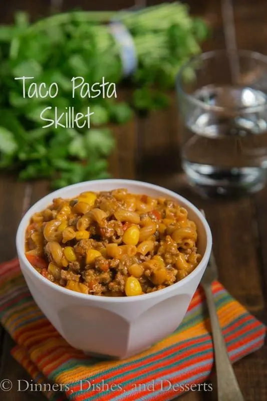 Taco Pasta Skillet - All the flavors of taco night in a one pan meal, ready in 20 minutes! Homemade version of taco Hamburger Helper, with just a few staple ingredients.