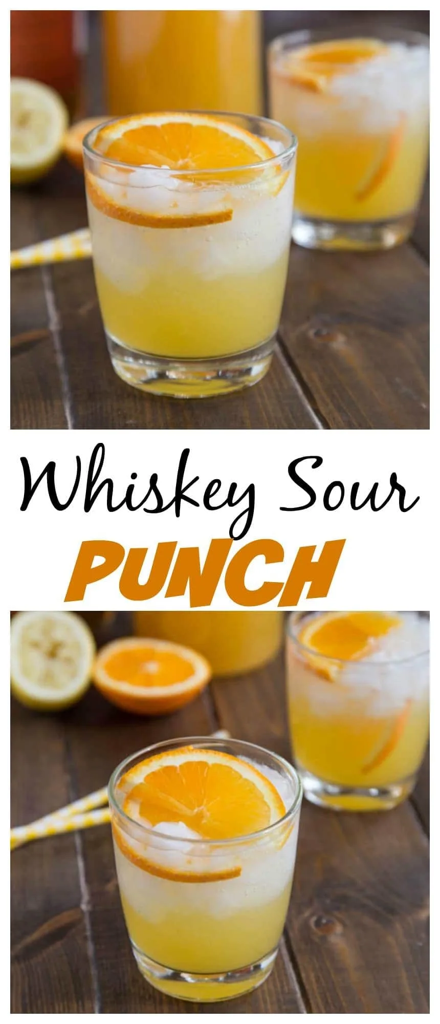 Whiskey Sour Punch - orange juice, lemon juice and bourbon some together for a fizzy and fun punch. Great for get togethers, and you can even make it ahead!