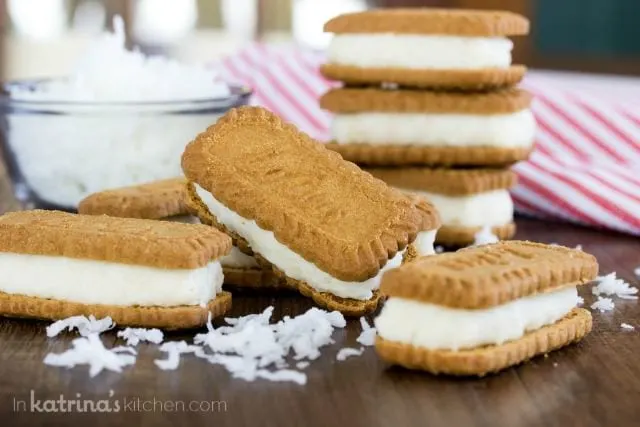 coconut cream filled biscoff cookies on a table