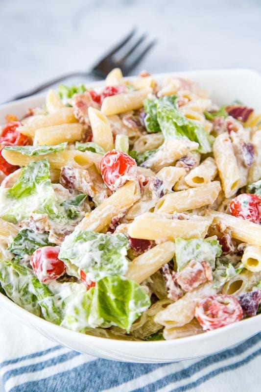 Cool and creamy pasta salad with bacon, lettuce and tomatoes!