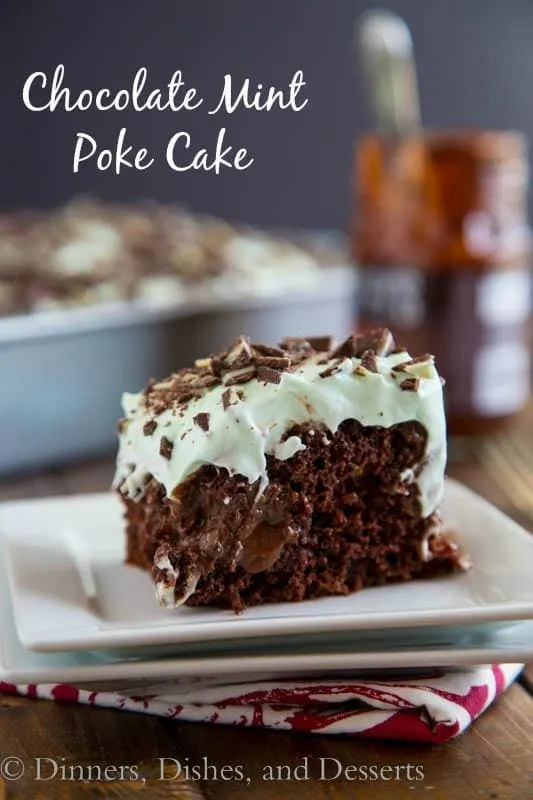 Mint Chocolate Poke Cake - moist chocolate cake covered with hot fudge, chocolate pudding and then topped with mint whipped cream. A chocolate and mint dream come true!