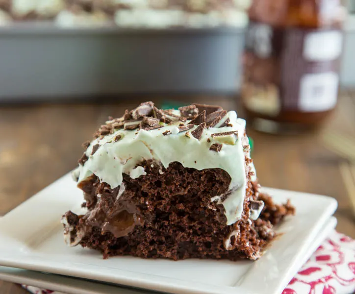 close up mint chocolate poke cake