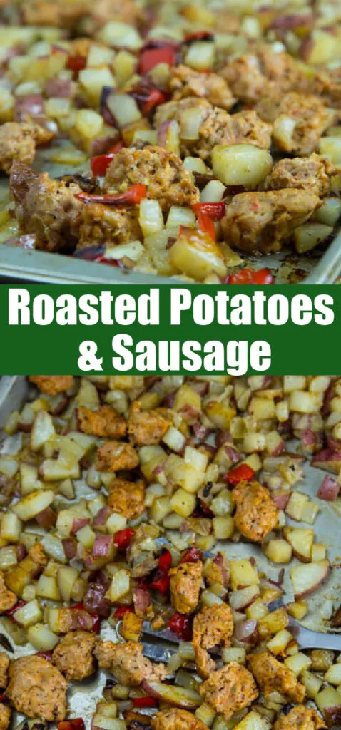 roasted potatoes and sausage on a sheet pan