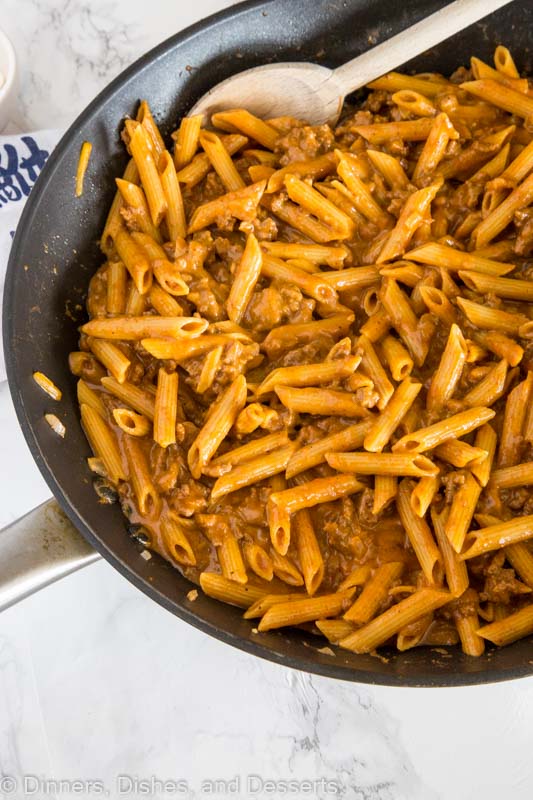 penne pasta with ground beef in a pot
