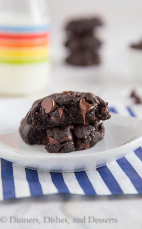 Soft and Chewy Double Chocolate Chip Cookies (Gluten-Free) - Super rich and fudgy chocolate cookies that almost taste like you are eating a brownie. And they just happen to be gluten free (you would never know)!