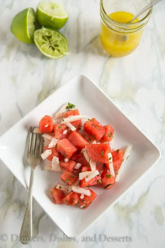 jicama and watermelon salad in a bowl