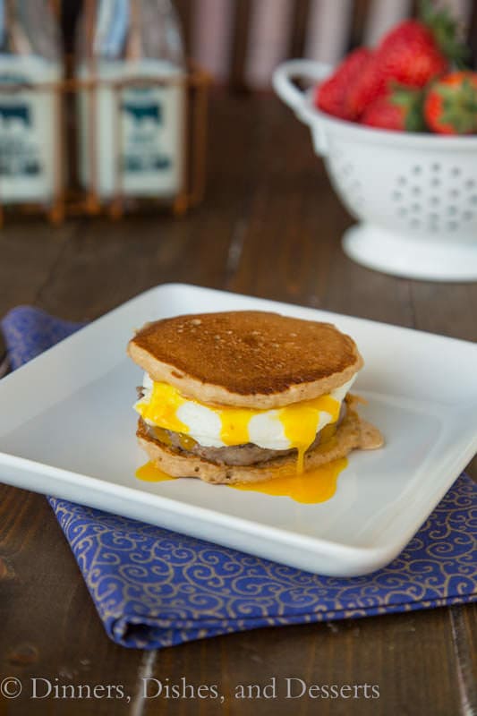 Pancake breakfast sandwiches are brinner - breakfast for dinner! Make them at home using pancakes, sausage, egg, and cheese.