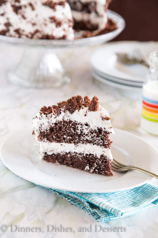 Chocolate Cream Cake - Moist chocolate cake topped with a light and fluffy almond flavored whipped cream "frosting".