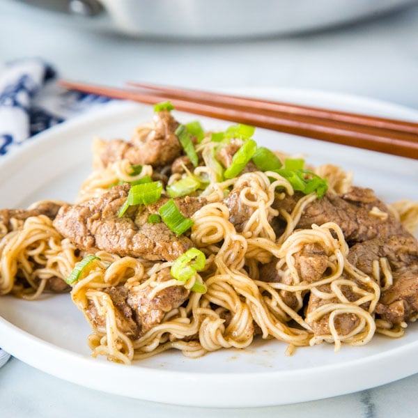 pork lo mein on a plate