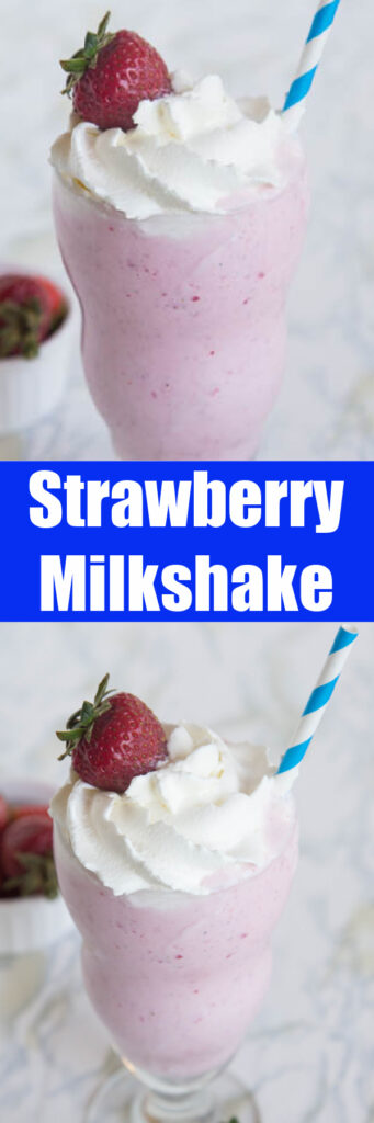 close up strawberry milkshakes in a glass with straw