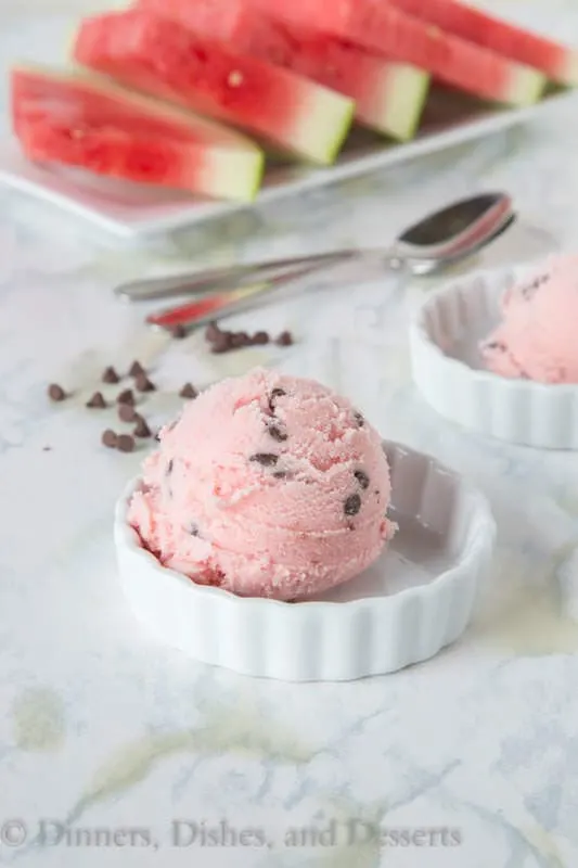 Watermelon Ice Cream - Refreshing watermelon gets mixed with cool and creamy ice cream for a great summer treat. Plus a few chocolate chips for the "seeds."