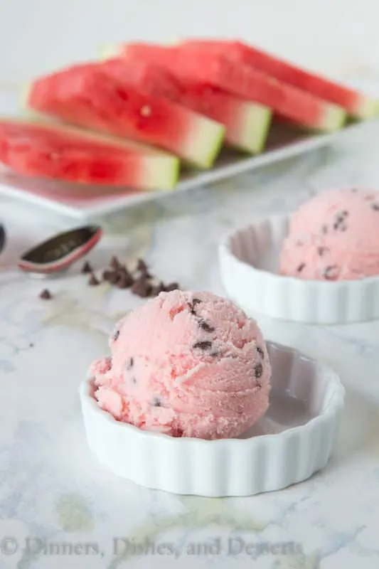Watermelon Ice Cream - Refreshing watermelon gets mixed with cool and creamy ice cream for a great summer treat. Plus a few chocolate chips for the "seeds."