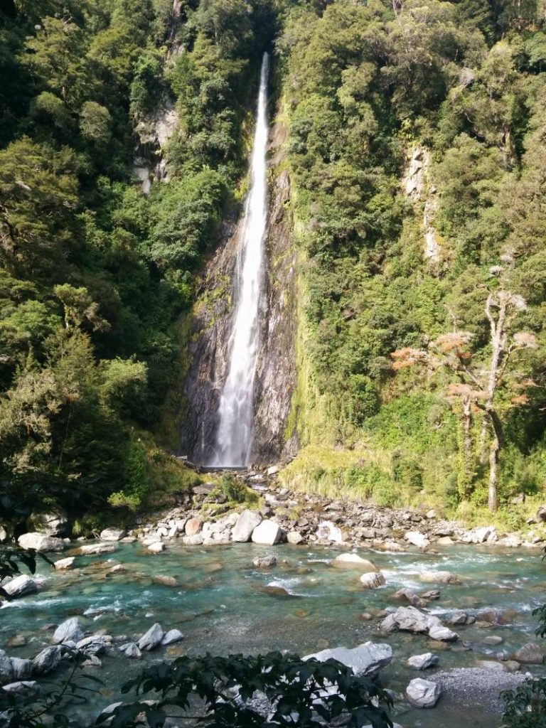 Waterfall near Haast Pass in New Zealand
