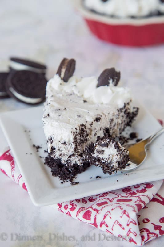 oreo cheesecake with bite on a fork