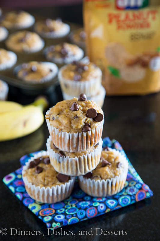 Banana Peanut Butter Chocolate Chip Muffins - Jif Protein Powder bumps up the protein but keeps these peanut butter banana muffins good for you!