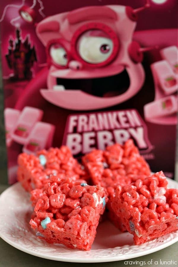 Angled view of frankeberry krispy cereal bars.
