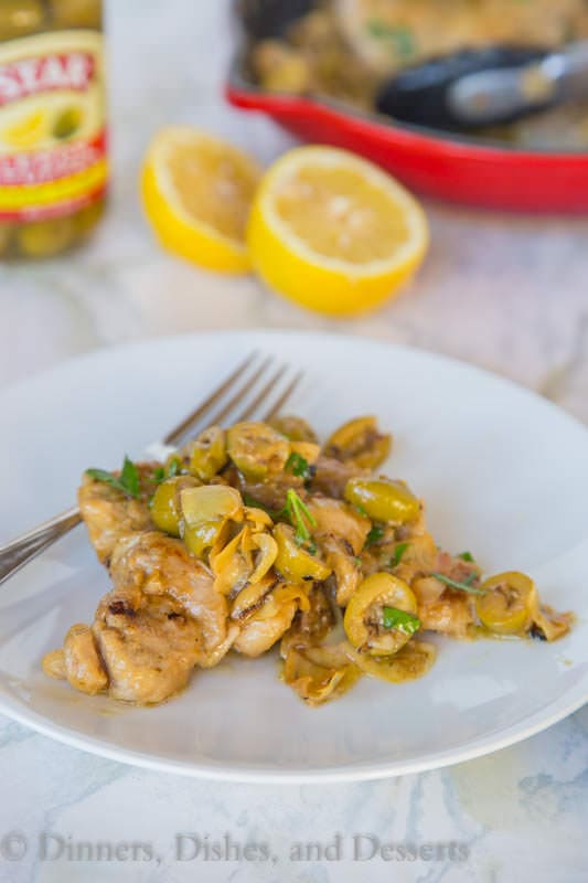 Lemon Chicken Skillet with Artichokes and Olives - a complete chicken dinner in one pan. Chicken thighs in a lemony sauce with artichokes and green olives.