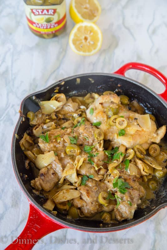 Lemon Chicken Skillet with Artichokes and Olives - a complete chicken dinner in one pan. Chicken thighs in a lemony sauce with artichokes and green olives.