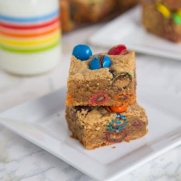 m&m peanut butter bars on a plate