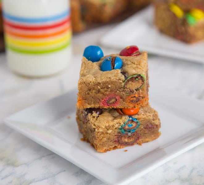 m&m peanut butter bars on a plate