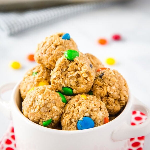 A close up of a energy bites in a bowl
