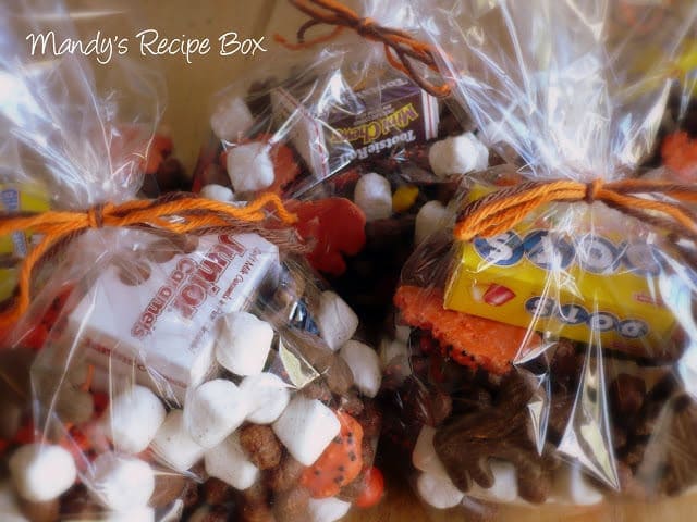 Above view of candy mixtures in plastic bags for gifts.