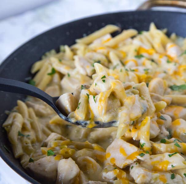 salsa verde chicken skillet in a pan