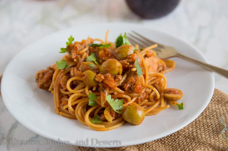 Spanish Spaghetti with Olives {Dinners, Dishes, and Desserts}