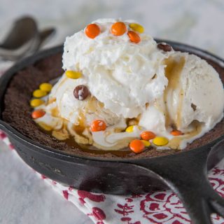 Skillet Brownie for Two - a rich and fudgy brownie baked in a skillet, topped with ice cream and perfect for two!