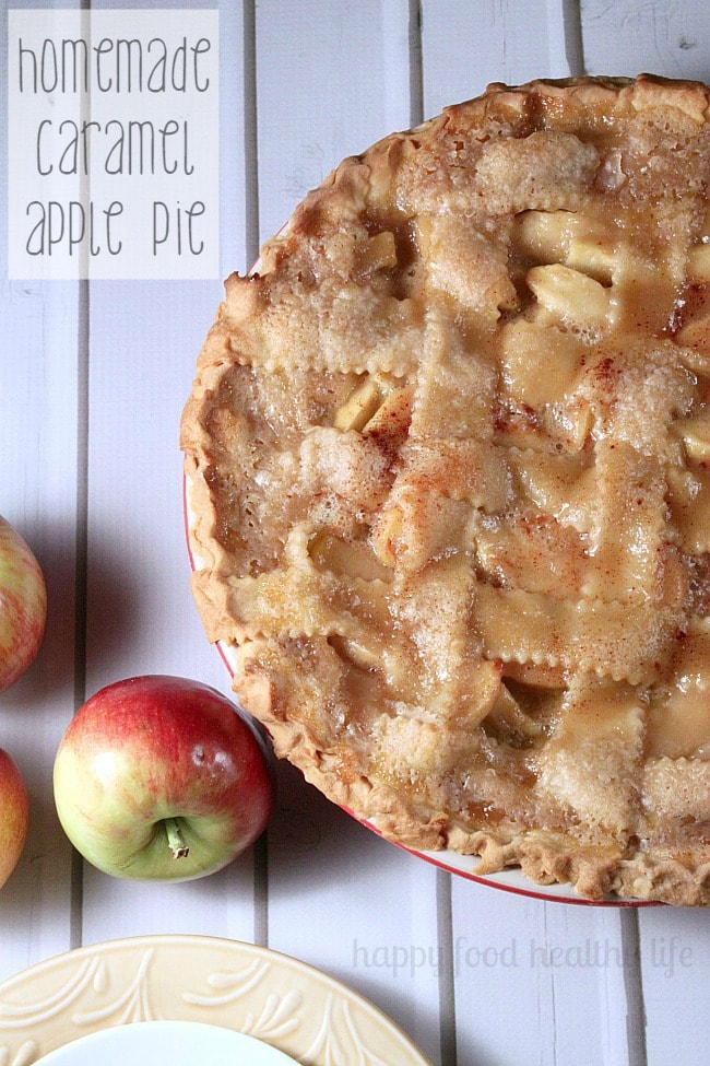 Caramel Apple Pie with a lattice crust surrounded by apples