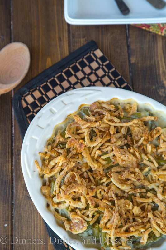 Green Bean Casserole overhead view in a white baking dish