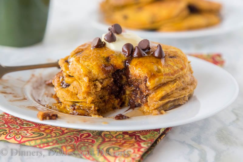 Pumpkin Chocolate Chip Pancakes {Dinners, Dishes, and Desserts}