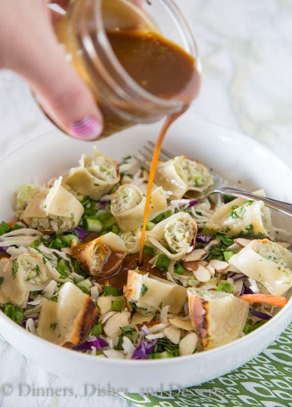 Potstickers Asian Chopped Salad - A chopped salad topped with potstickers and an Asian peanut dressing. A fun twist on an Asian Chopped Salad!