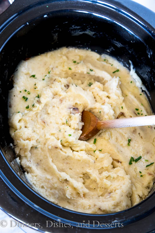 garlicky crock pot mashed potatoes in a slow cooker