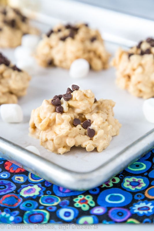 Easy no bake avalanche cookies.  on baking sheet with chocolate chips and marshmallows