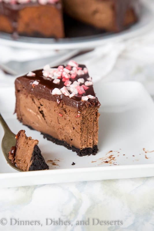 peppermint triple chocolate cheesecake on a plate